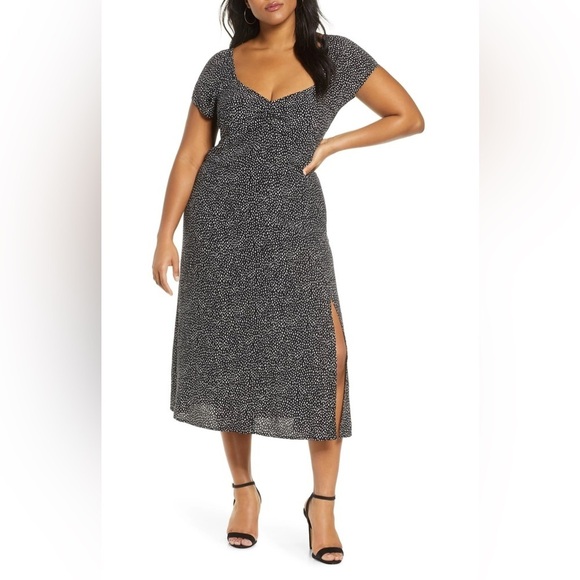 Leith Women Midi Dress Large Black Spotted Side Split Sweatheart‎ Cottagecore - Picture 1 of 9